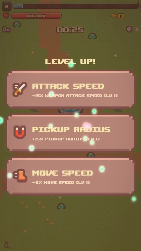 Level-up screen with three upgrade cards